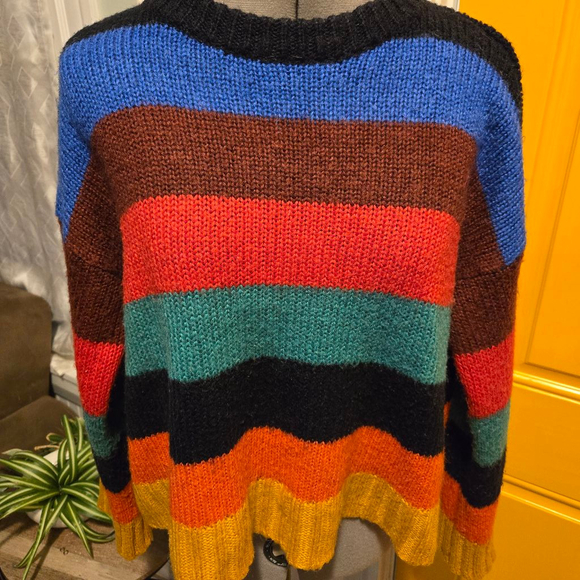 Urban Outfitters XS Striped Colorblock Fuzzy Oversized Crop Sweater - Picture 2 of 3